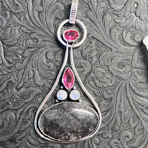 Tourmalinated Quartz Rainbow Moonstone and Pink Gems Pendant - Picture 7 of 7